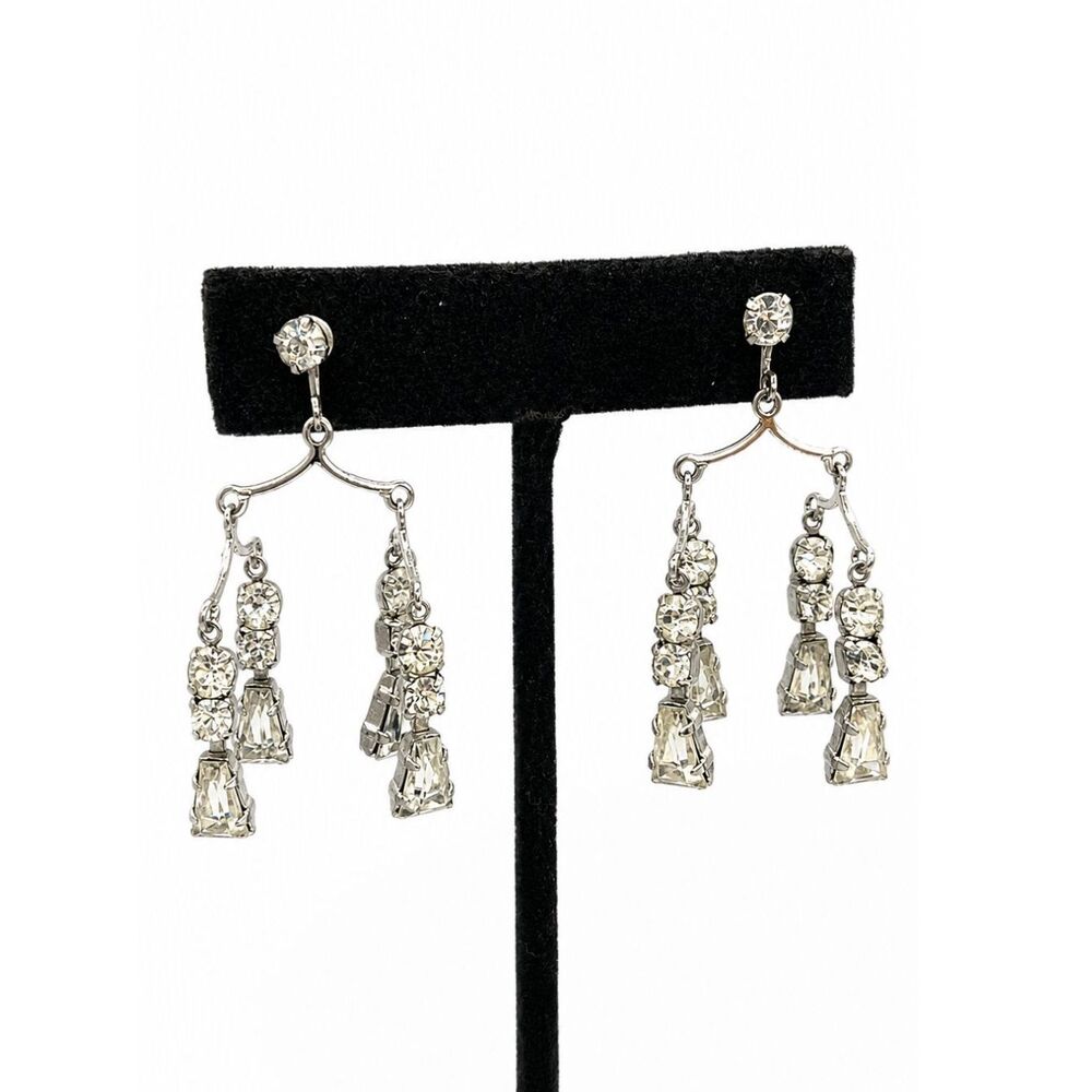 VINTAGE KINETIC Earrings MCM Rhinestone Mobile Chandelier Screw Back Silver Tone